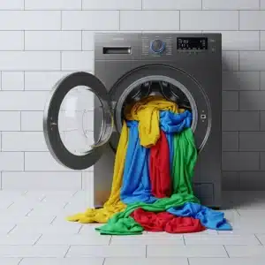 A black washing machine with colorful clothes spilling out.