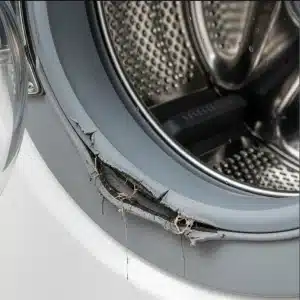 Damaged rubber seal of a washing machine door.