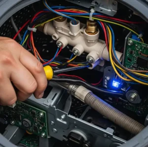 Person fixing washing machine wiring and water inlet valves with a screwdriver.