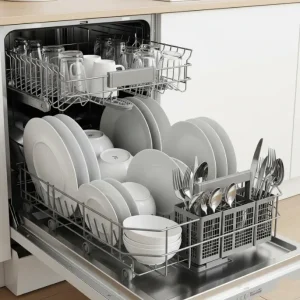 A dishwasher with plates, cups, and utensils neatly arranged on racks.