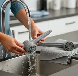 A person cleaning a grey dishwasher spray arm under a chrome faucet in a stainless steel sink.