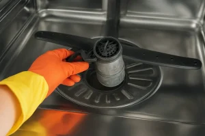 A person in orange and yellow gloves holds a dirty dishwasher filter.