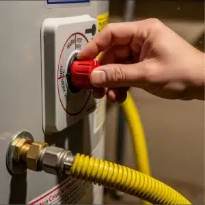 A person's hand adjusts the red temperature dial on a water heater, with a yellow gas line.