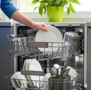 A person's hand places a white plate into the upper rack of a dishwasher.