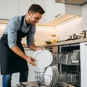 A smiling man in a black apron loads a white plate into a dishwasher in a modern kitchen.
