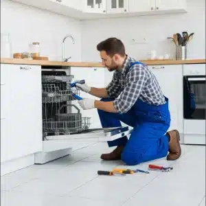A technician repiar dishwasher problem