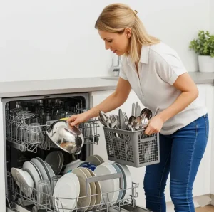 Woman with blonde hair unloading a dishwasher.